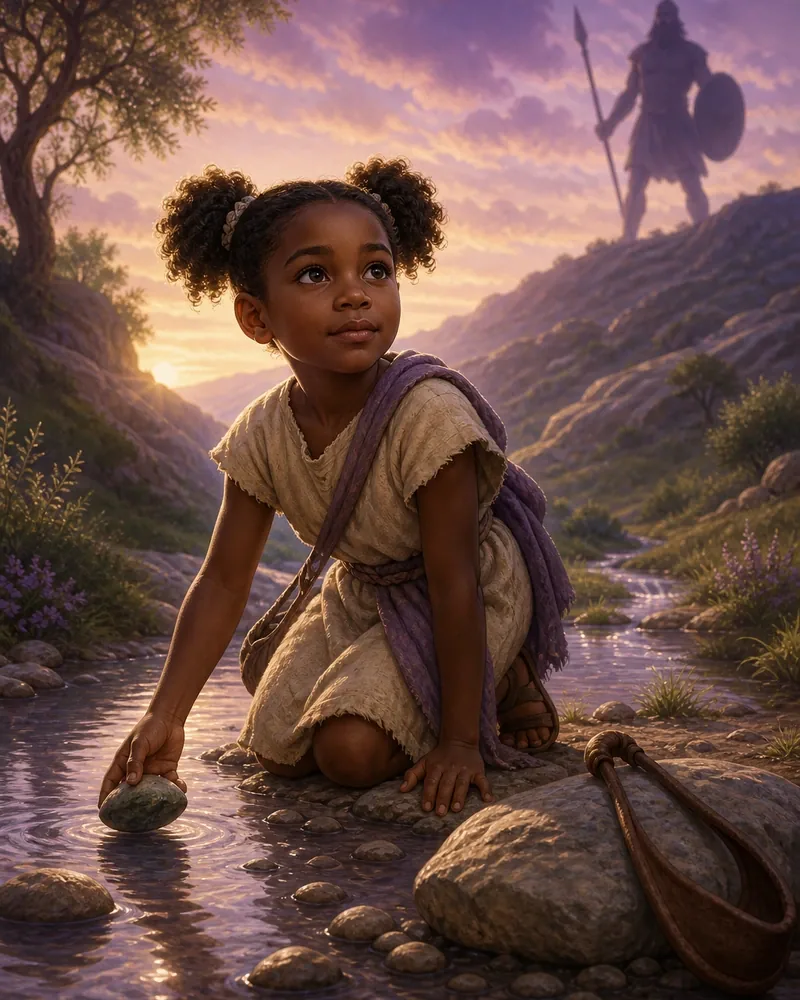 Maya choosing a stone with courage