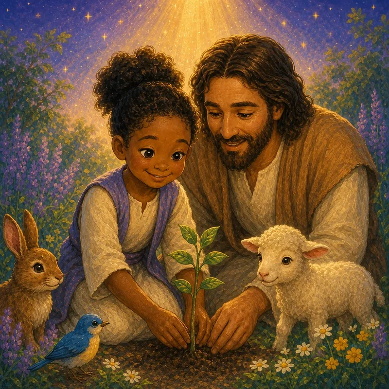 Child discovering gifts and purpose beside Jesus in a garden