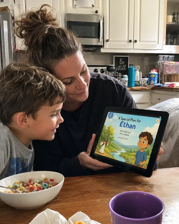 Megan reading a personalized digital story with her son